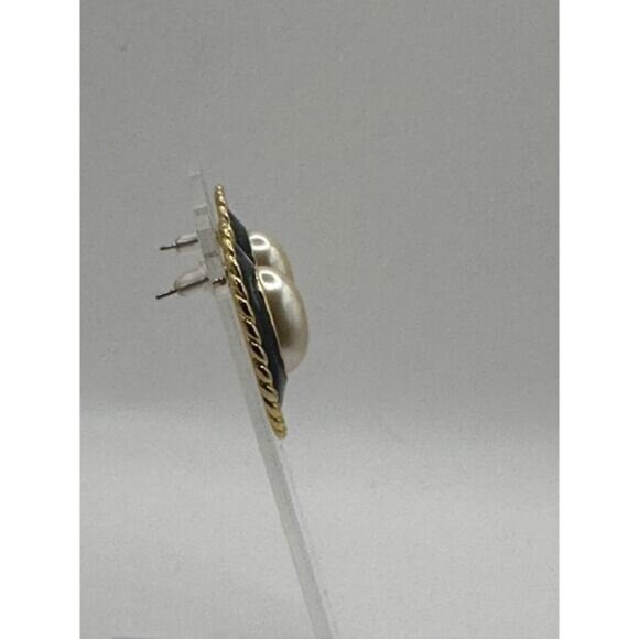 Vintage Gold-Tone & Black Oval Earrings With Faux Pearl Center - Picture 7 of 7